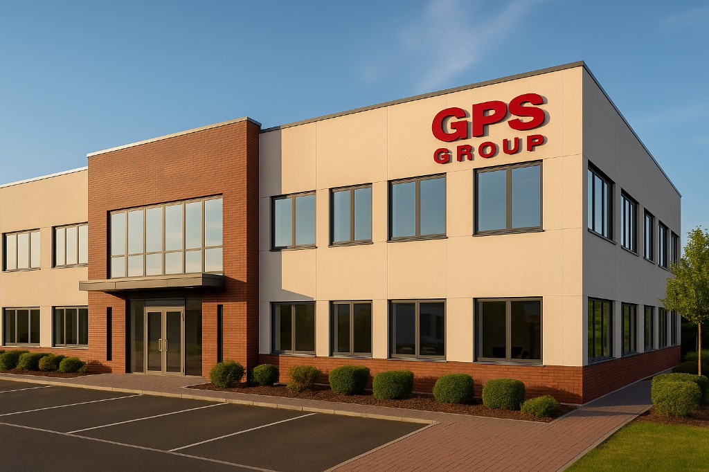 GPS Group headquarters, a brick and panel office with the red GPS Group sign.