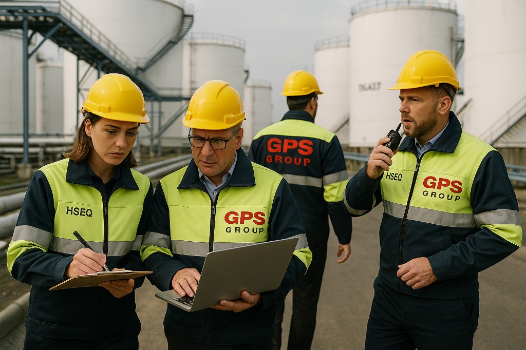 HSEQ team in yellow hard hats and GPS Group jackets inspecting a tank farm.