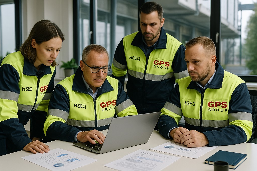 Four HSEQ specialists in high-visibility GPS Group jackets reviewing a laptop and documents.