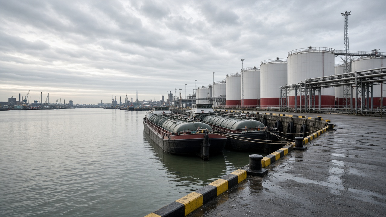 Tank barges moored beside white storage tanks with red bases at an Amsterdam terminal.