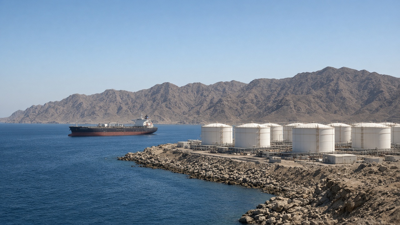 Storage tanks along the Fujairah coast with a tanker offshore and arid mountains behind.
