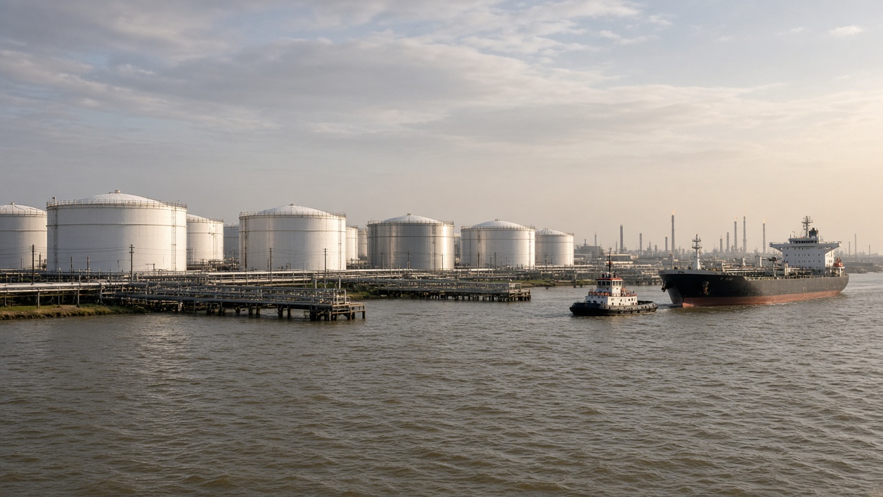 Storage tanks along the Houston Ship Channel with a tanker on the water.
