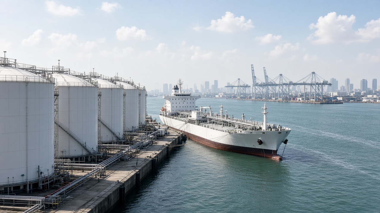 A product tanker berthed beside white storage tanks at Jurong, Singapore.