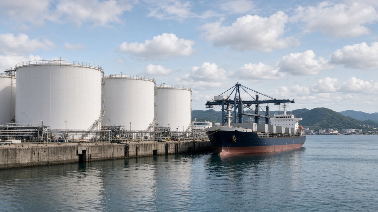 White storage tanks at the Port of Qingdao with a ship at the berth.