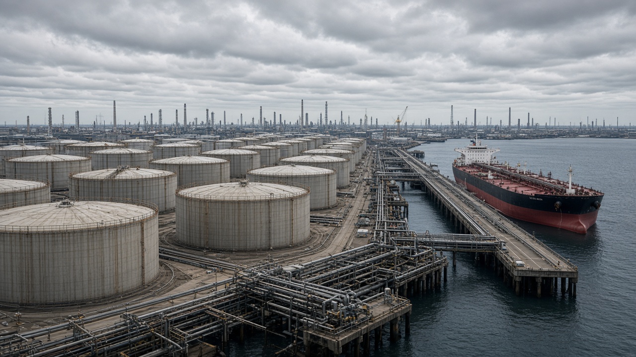 A tanker alongside a large tank terminal in the Port of Rotterdam.