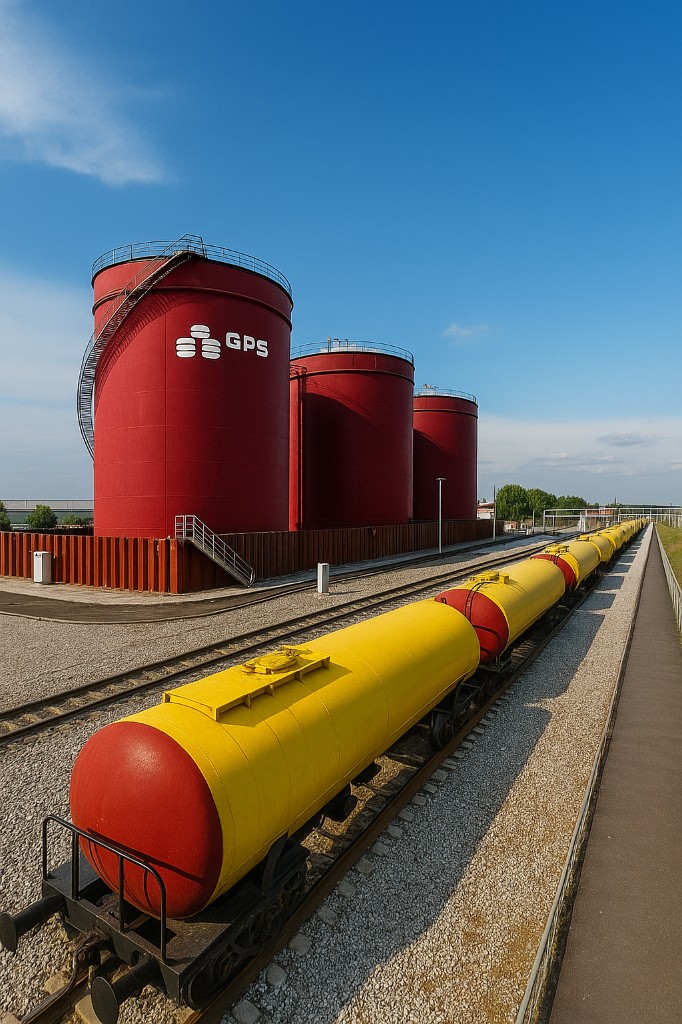 Yellow rail tank cars beside red GPS storage tanks.