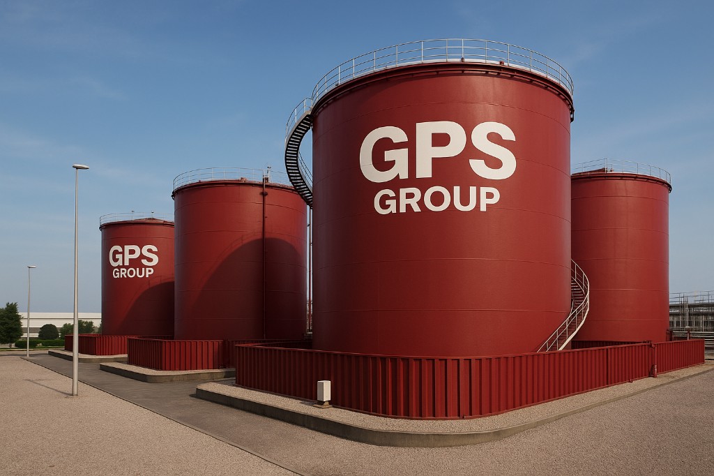 Red storage tanks marked GPS Group, with spiral stairs and a red containment wall.